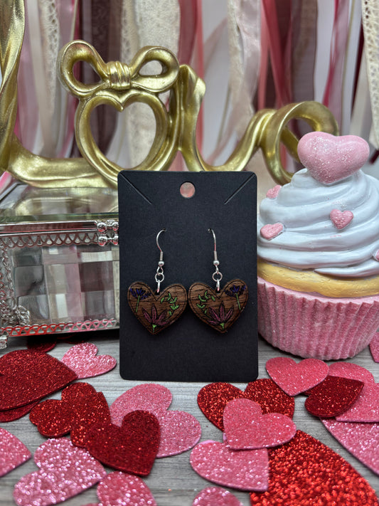 Botanical Heart Earrings – Laser Engraved & Hand Painted Black Walnut Wood