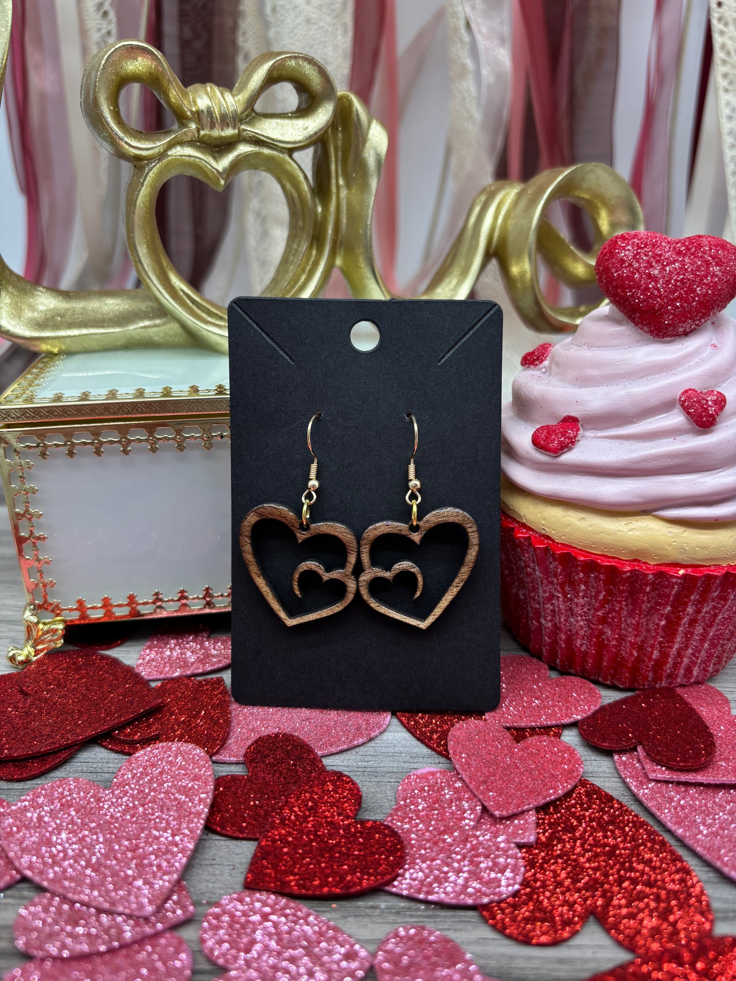 Double Heart Cutout Wooden Earrings – Laser Cut Black Walnut Wood