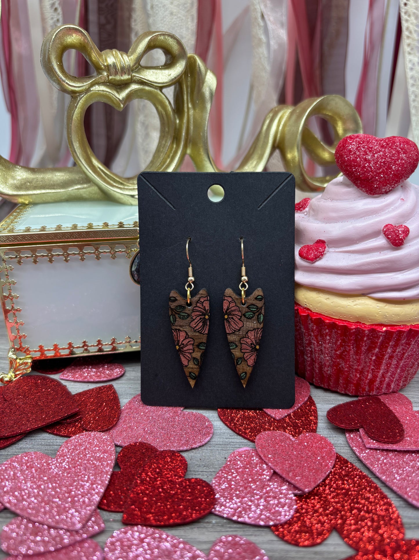 Floral Heart Drop Earrings – Laser Engraved & Hand Painted Black Walnut Wood