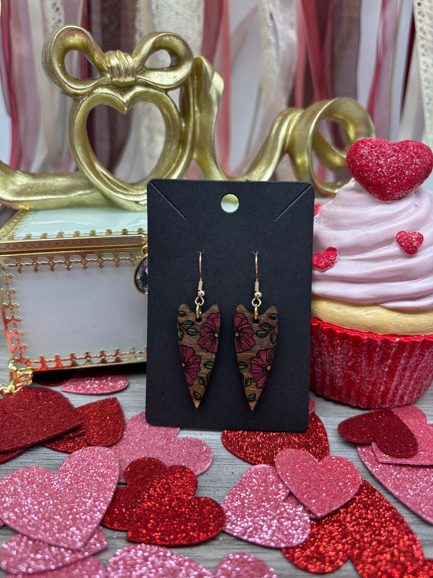 Floral Heart Drop Earrings – Laser Engraved & Hand Painted Black Walnut Wood