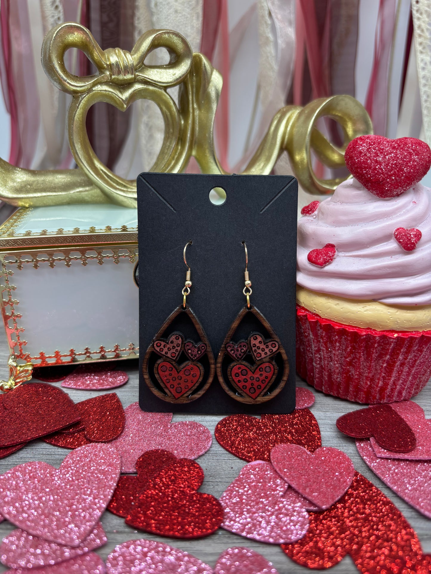 Triple Heart Teardrop Earrings – Laser Engraved & Hand Painted Black Walnut Wood