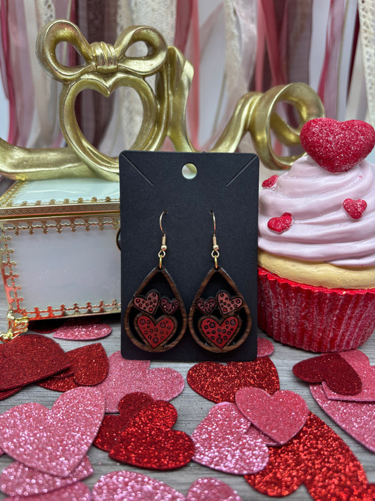 Triple Heart Teardrop Earrings – Laser Engraved & Hand Painted Black Walnut Wood