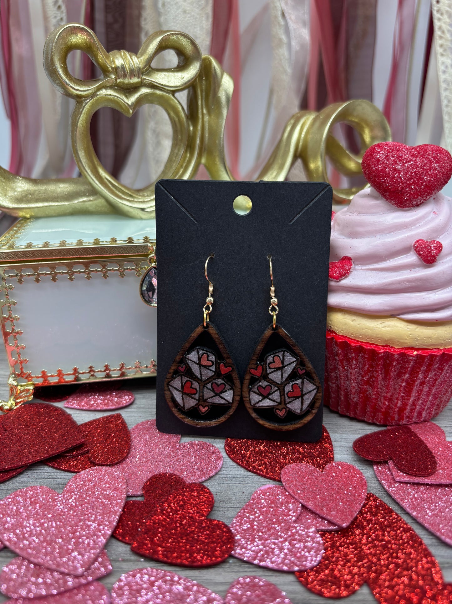Love Letter Teardrop Earrings – Laser Engraved & Hand Painted Black Walnut Wood