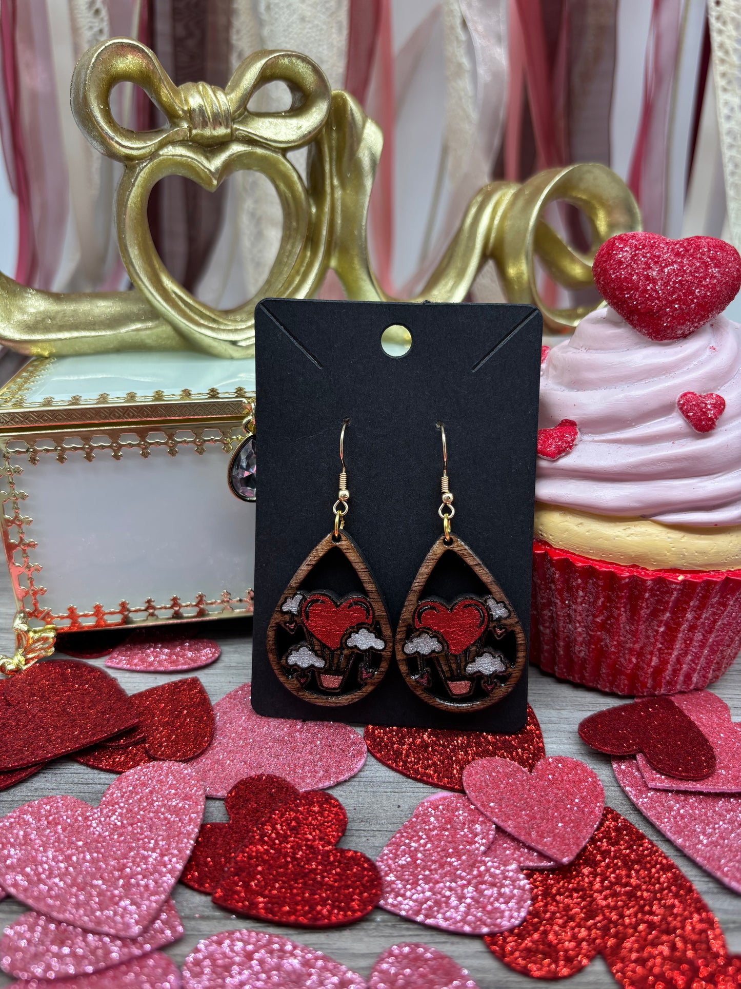 Hand Painted Black Walnut Wood Hot Air Balloon Heart Earrings