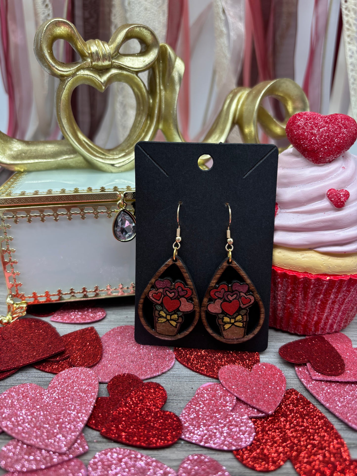 Romantic Heart Bouquet Wooden Teardrop Earrings – Laser Engraved & Hand Painted Black Walnut Wood