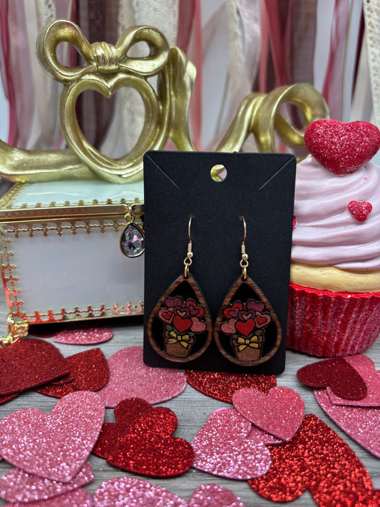 Romantic Heart Bouquet Wooden Teardrop Earrings – Laser Engraved & Hand Painted Black Walnut Wood