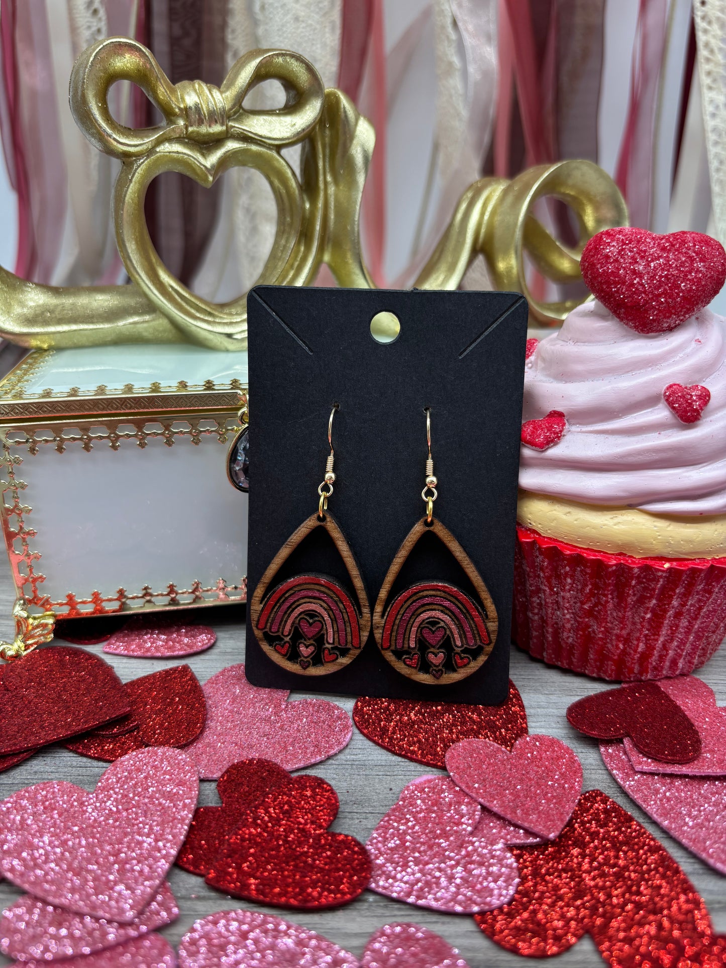Heart Rainbow Teardrop Earrings – Laser Engraved & Hand Painted Black Walnut Wood