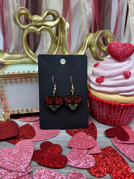 Rose Heart Earrings – Laser Engraved & Hand Painted Black Walnut Wood