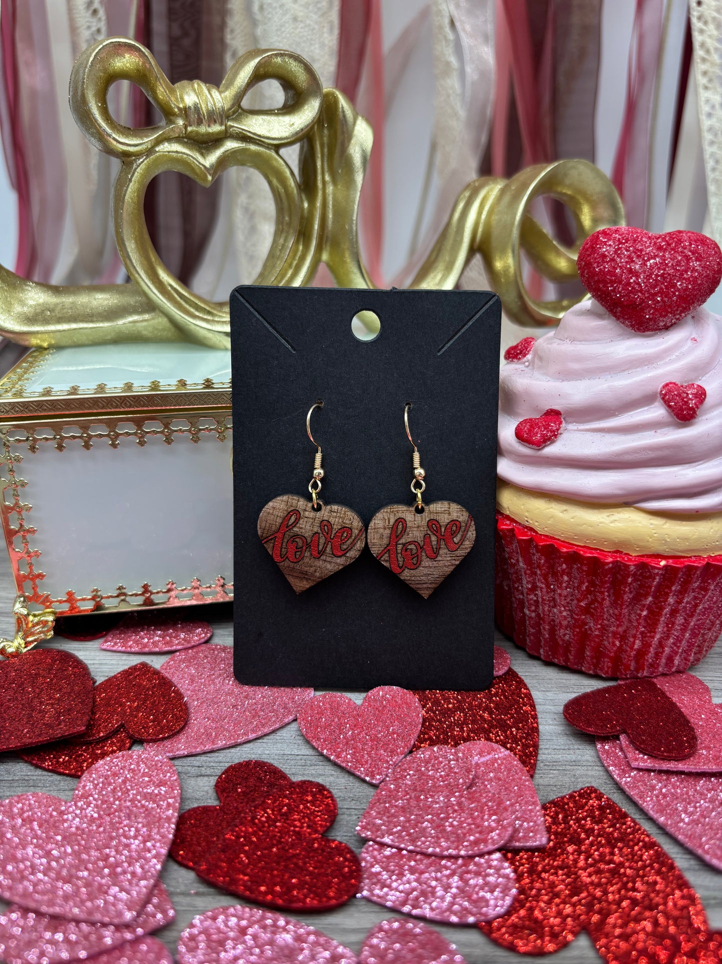 Hand Painted Black Walnut Wood “Love” Heart Earrings