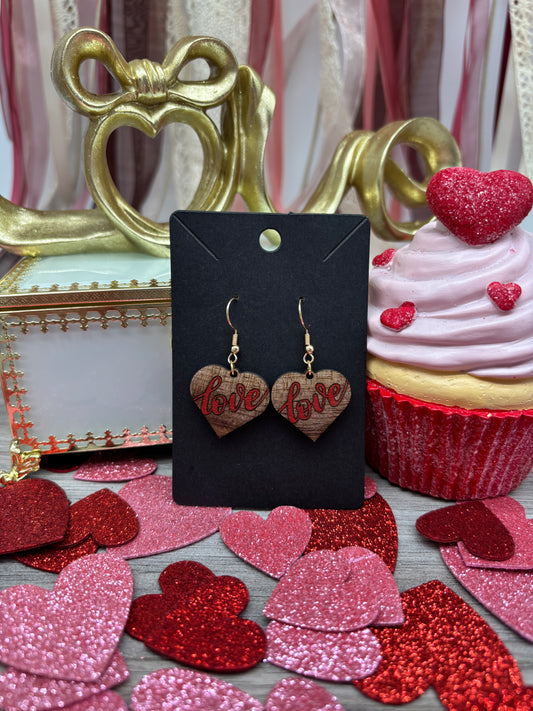 Hand Painted Black Walnut Wood “Love” Heart Earrings