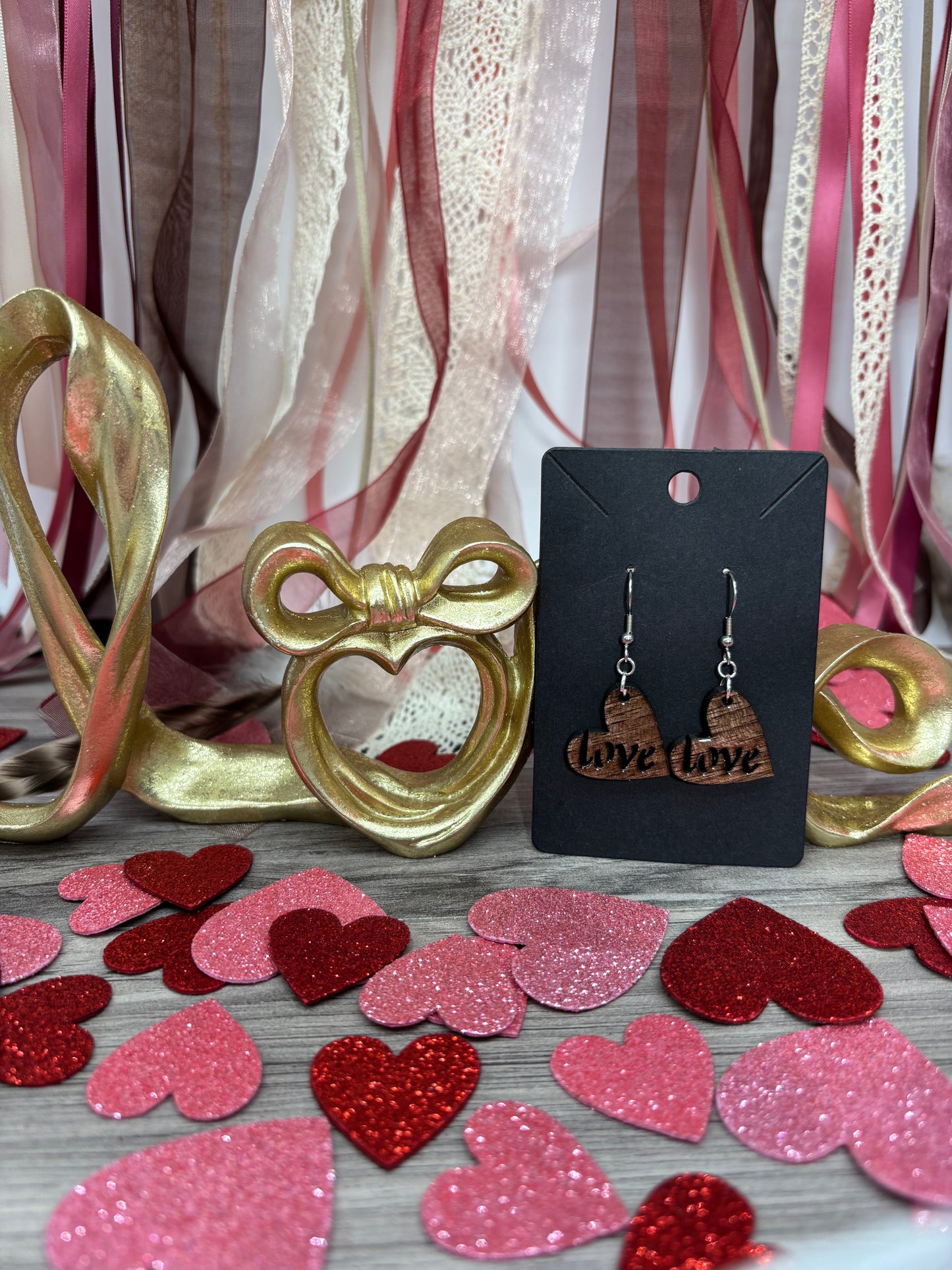 Laser Cut Black Walnut Wood “Love” Heart Earrings