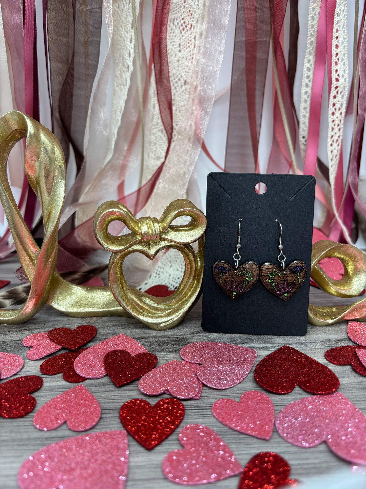 Botanical Heart Earrings – Laser Engraved & Hand Painted Black Walnut Wood