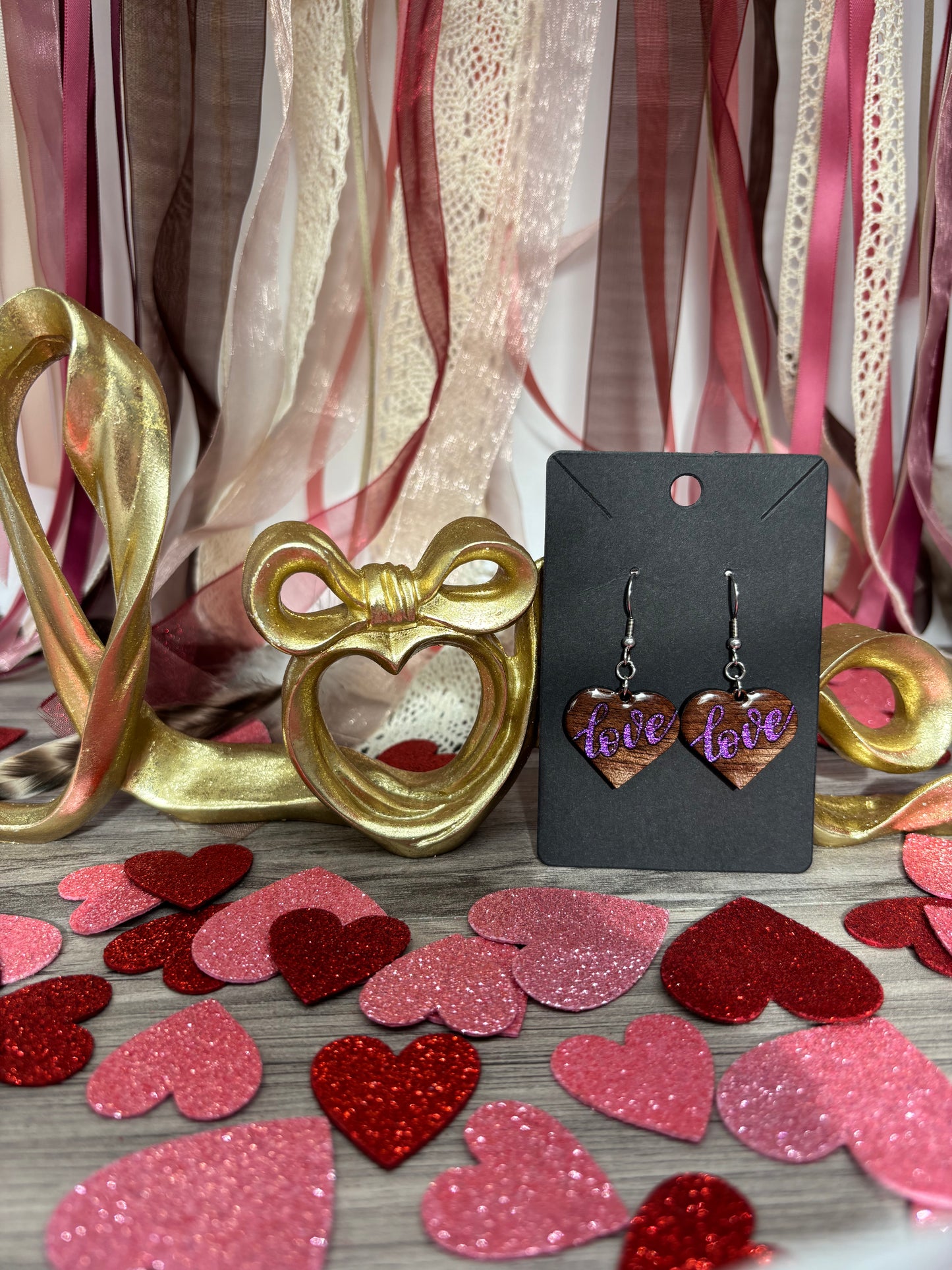 Hand Painted Black Walnut Wood “Love” Heart Earrings