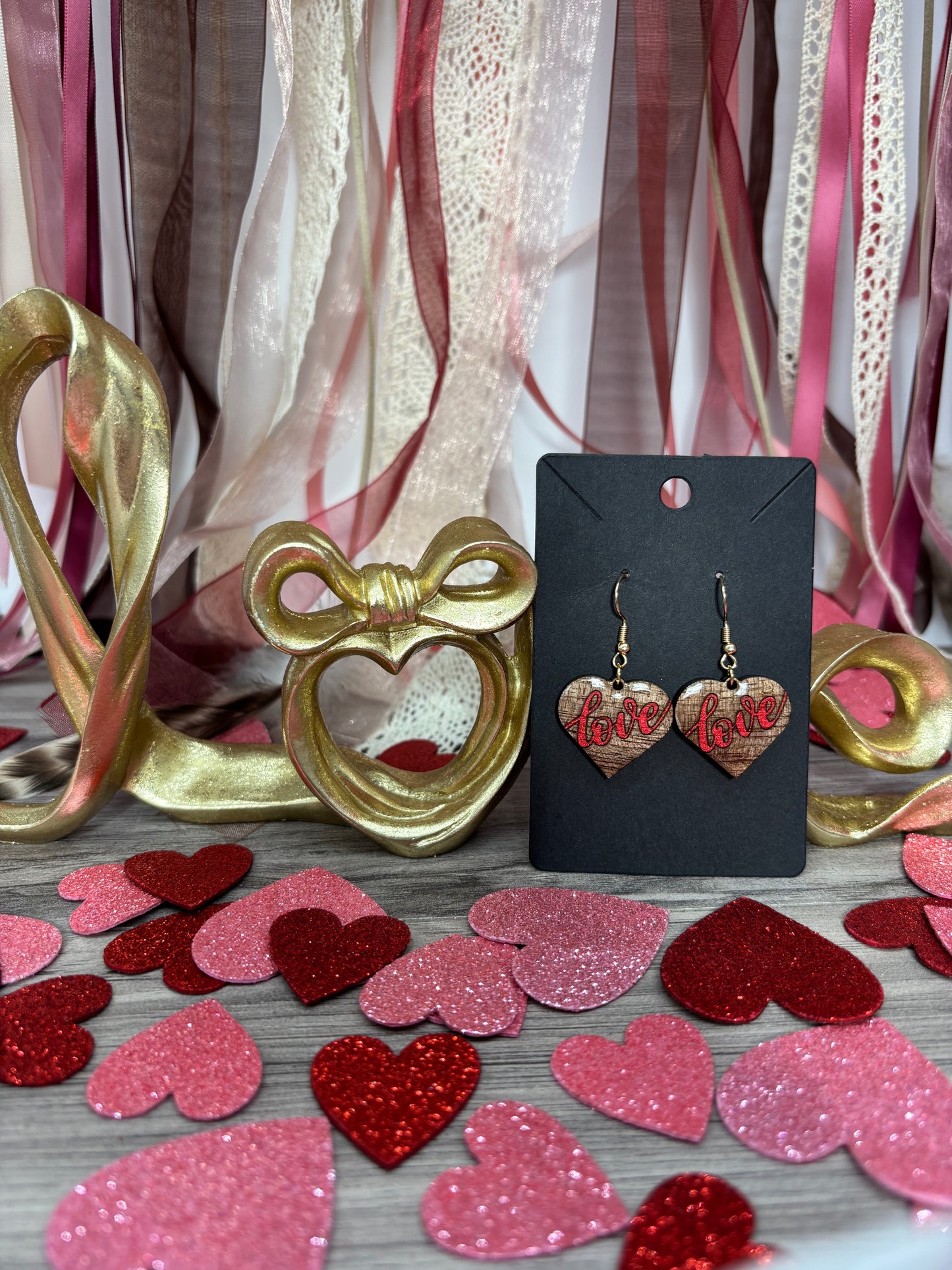 Hand Painted Black Walnut Wood “Love” Heart Earrings