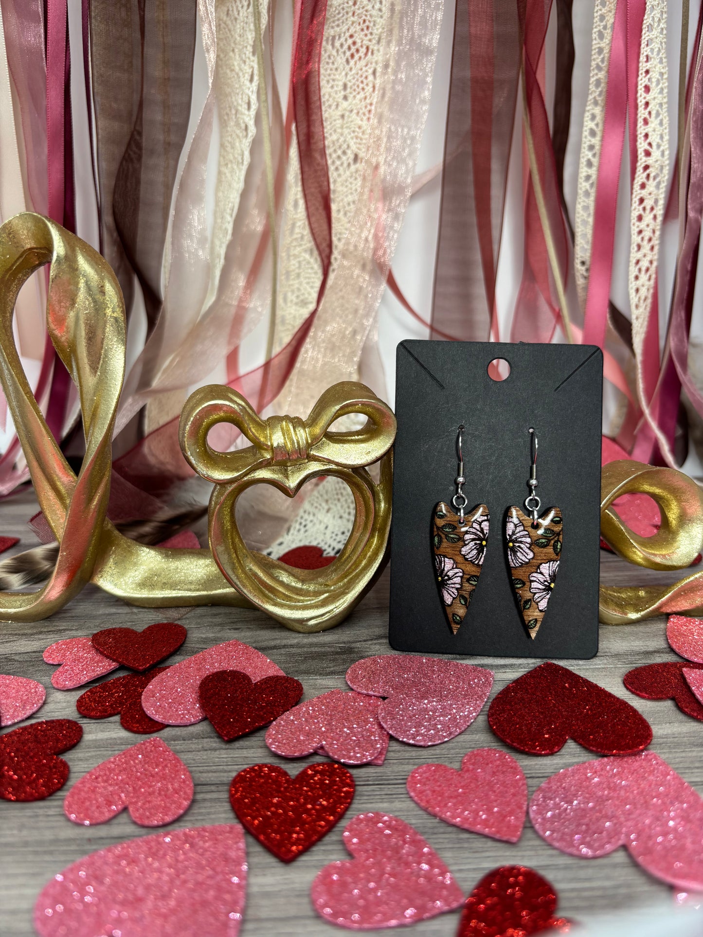 Floral Heart Drop Earrings – Laser Engraved & Hand Painted Black Walnut Wood