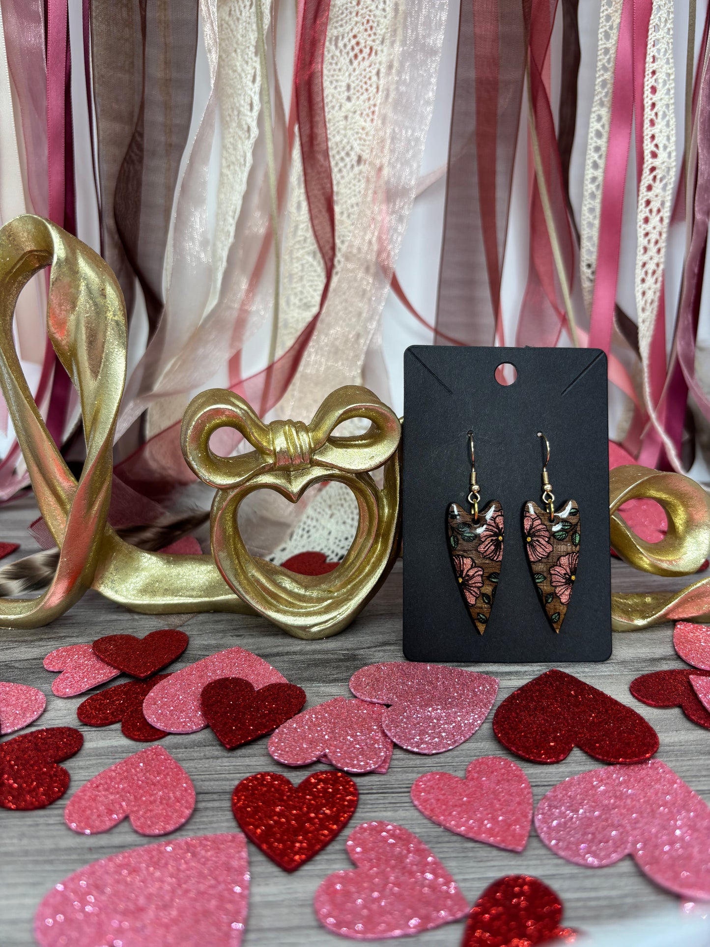 Floral Heart Drop Earrings – Laser Engraved & Hand Painted Black Walnut Wood