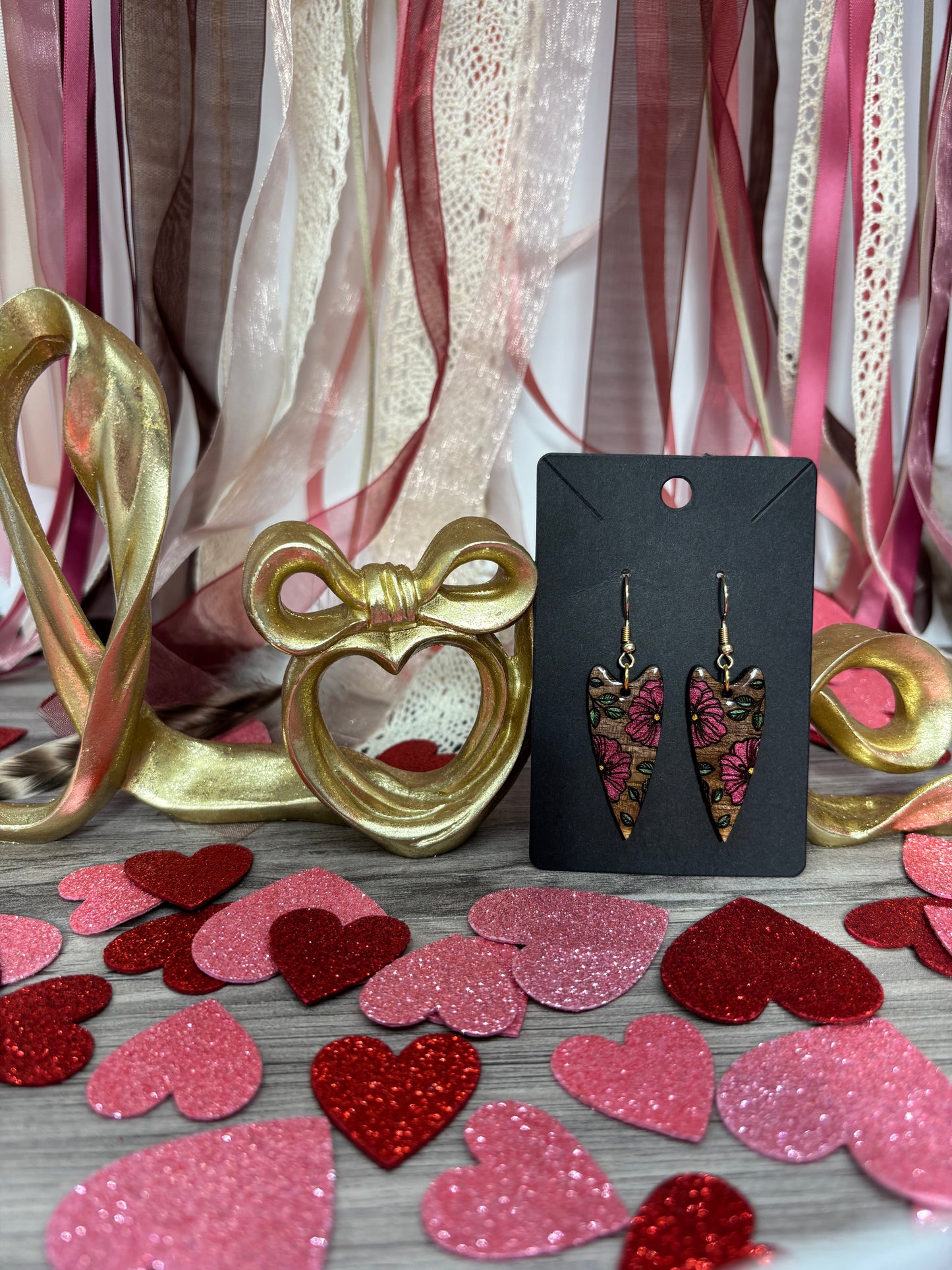 Floral Heart Drop Earrings – Laser Engraved & Hand Painted Black Walnut Wood