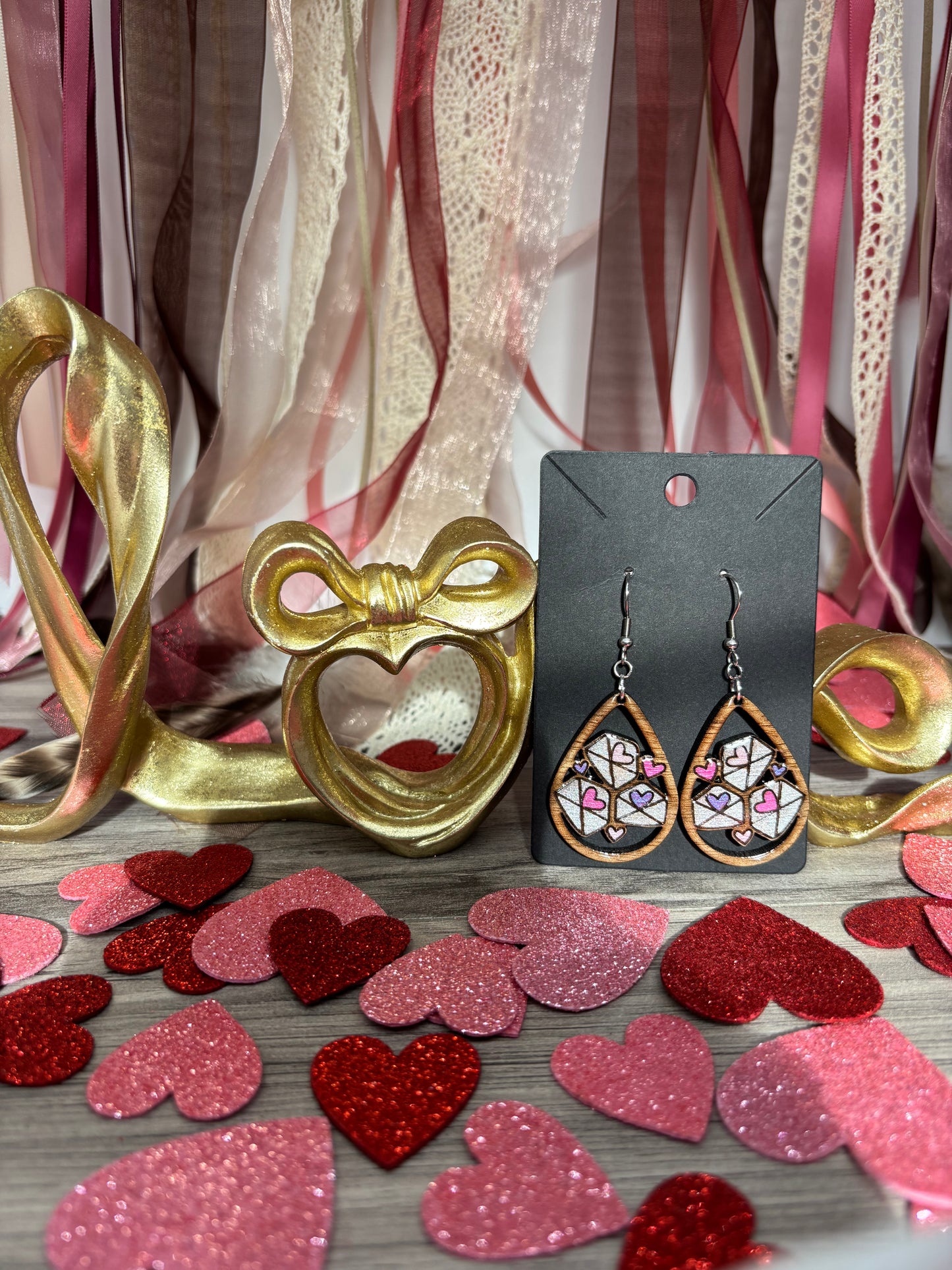 Love Letter Teardrop Earrings – Laser Engraved & Hand Painted Black Walnut Wood