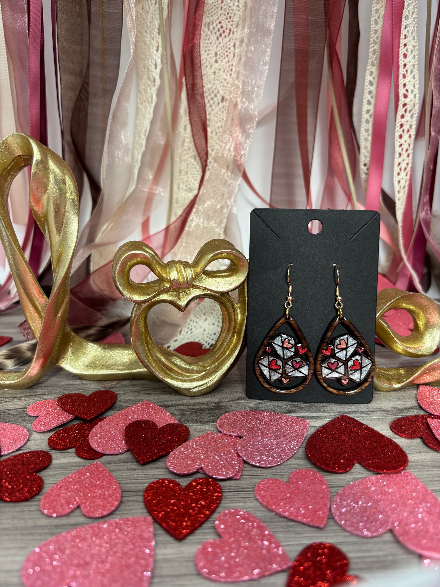 Love Letter Teardrop Earrings – Laser Engraved & Hand Painted Black Walnut Wood