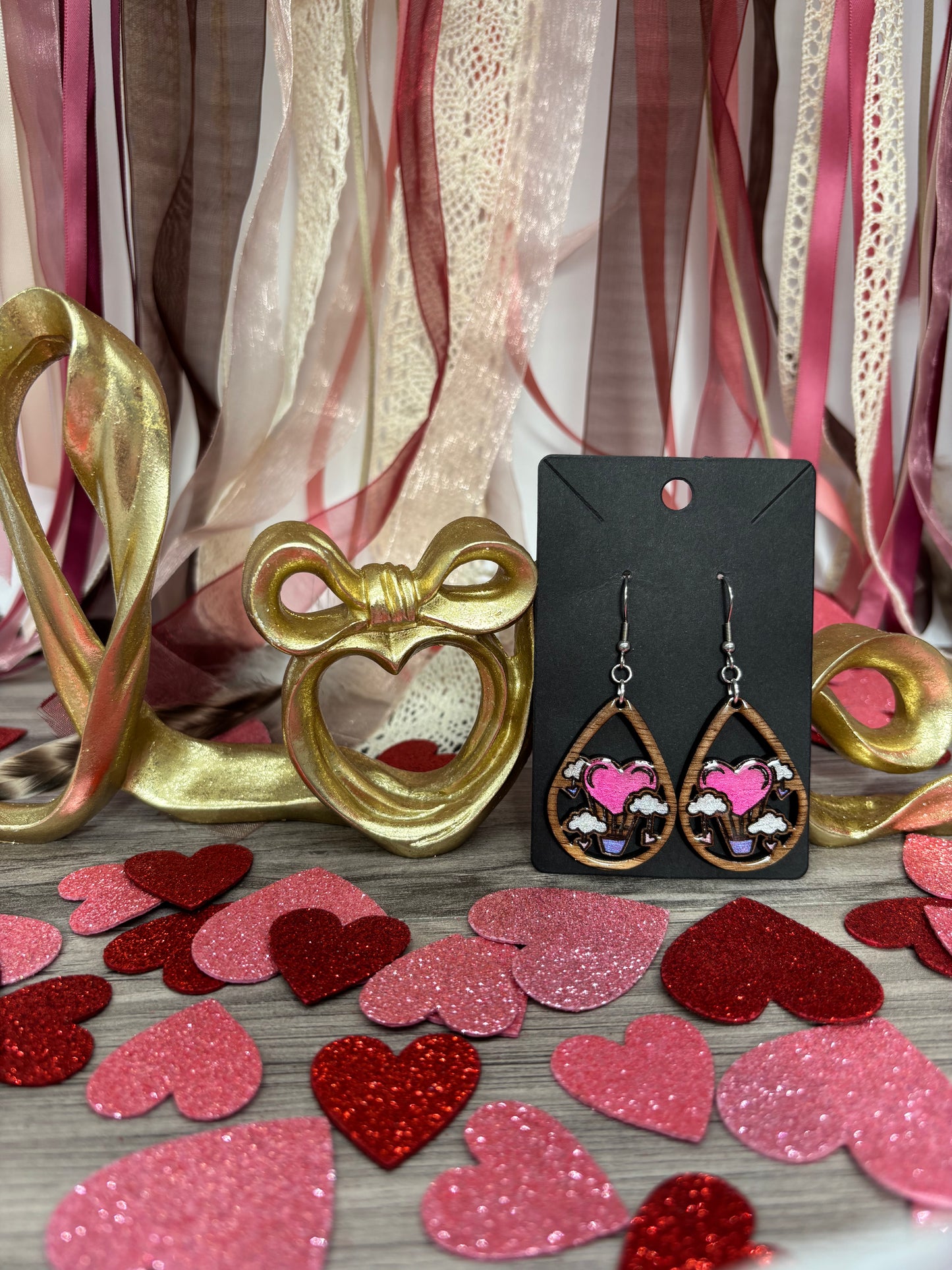 Hand Painted Black Walnut Wood Hot Air Balloon Heart Earrings