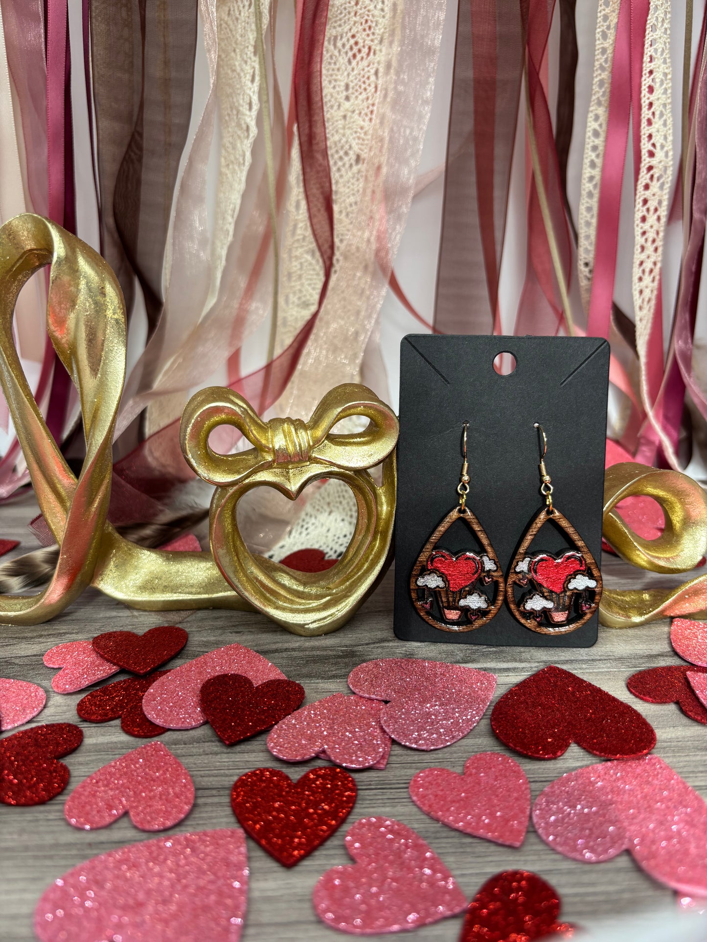 Hand Painted Black Walnut Wood Hot Air Balloon Heart Earrings