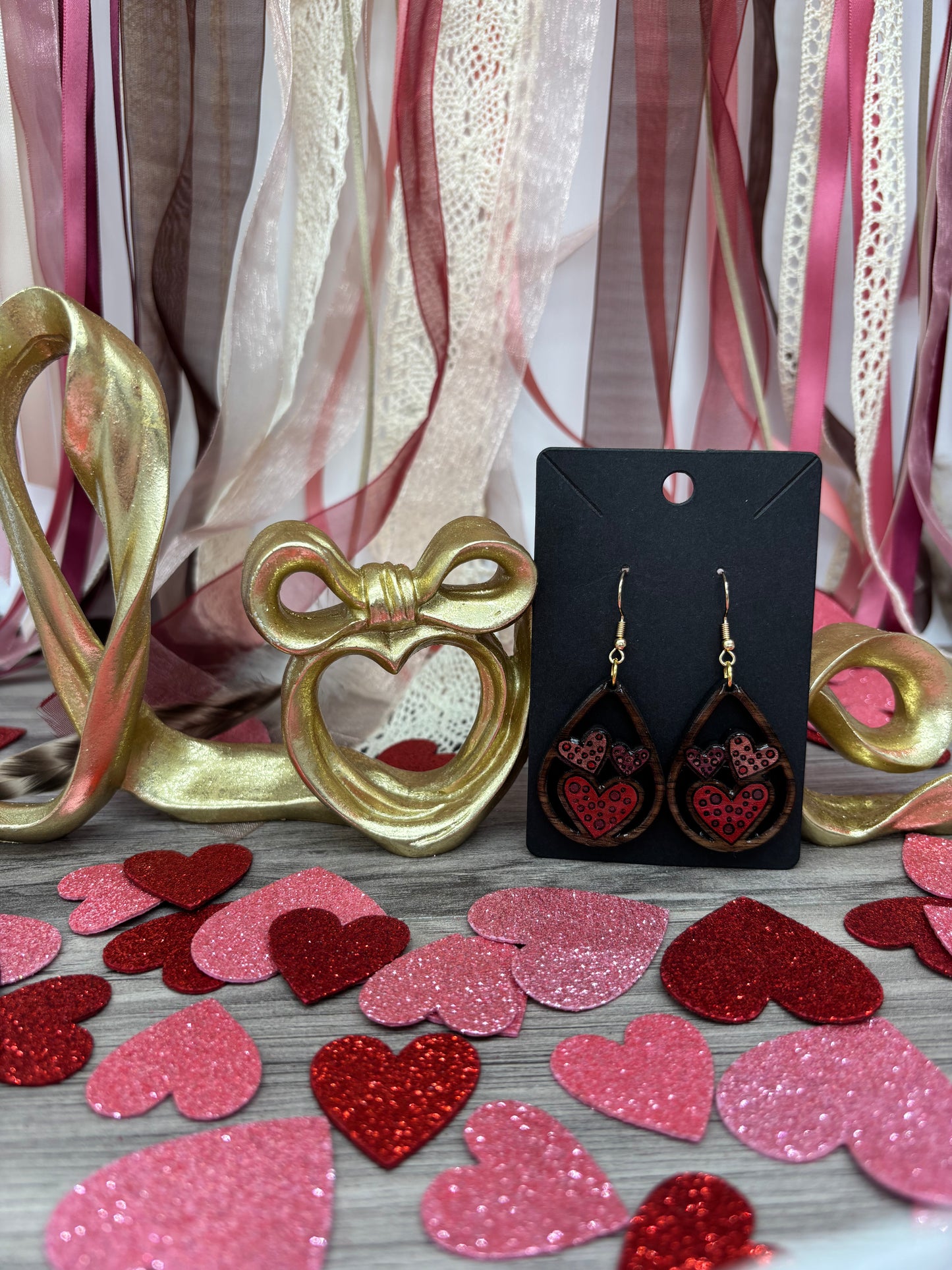 Triple Heart Teardrop Earrings – Laser Engraved & Hand Painted Black Walnut Wood