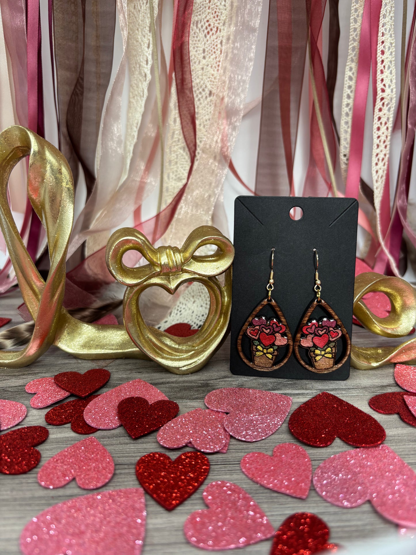 Romantic Heart Bouquet Wooden Teardrop Earrings – Laser Engraved & Hand Painted Black Walnut Wood