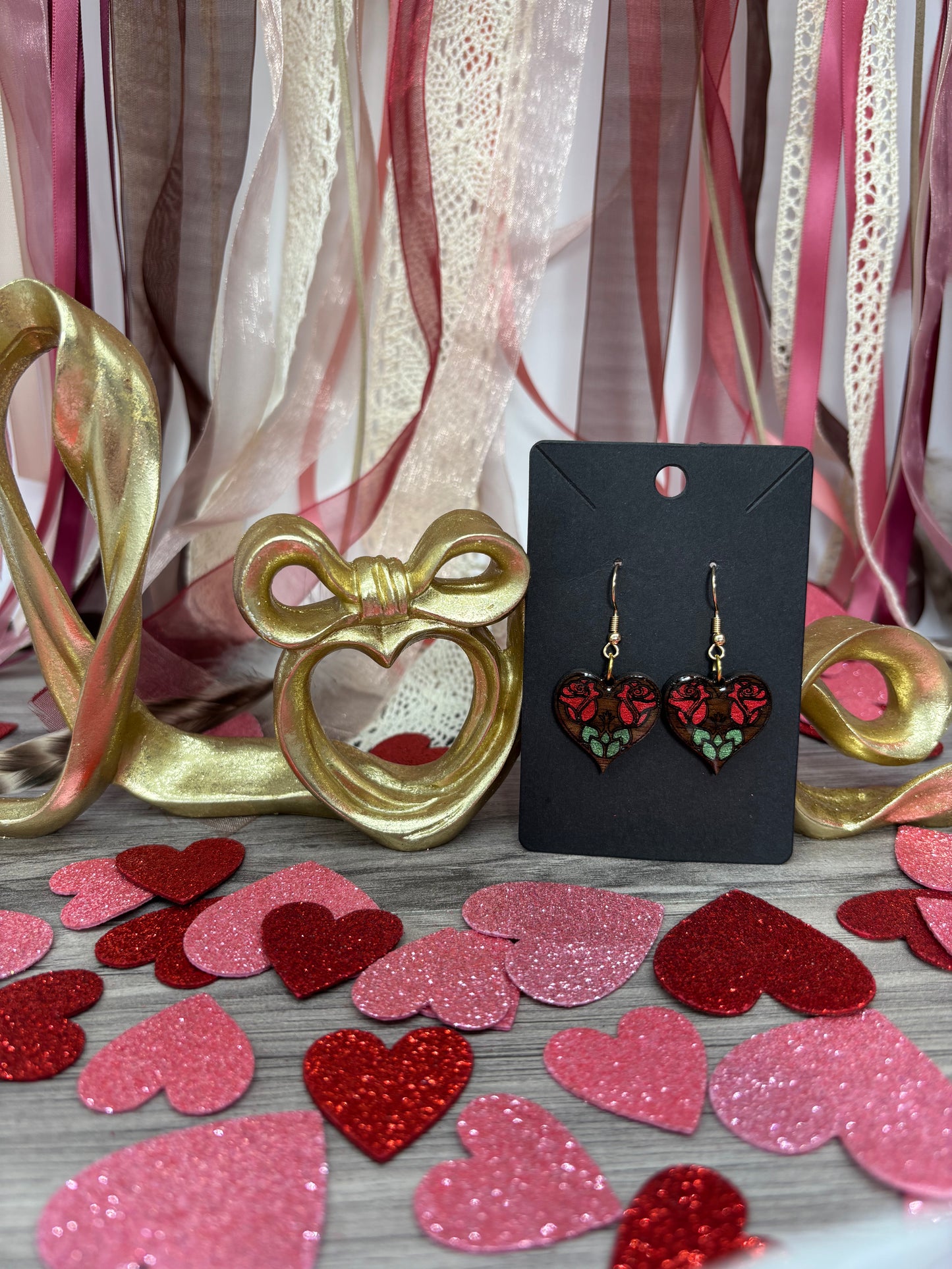 Rose Heart Earrings – Laser Engraved & Hand Painted Black Walnut Wood