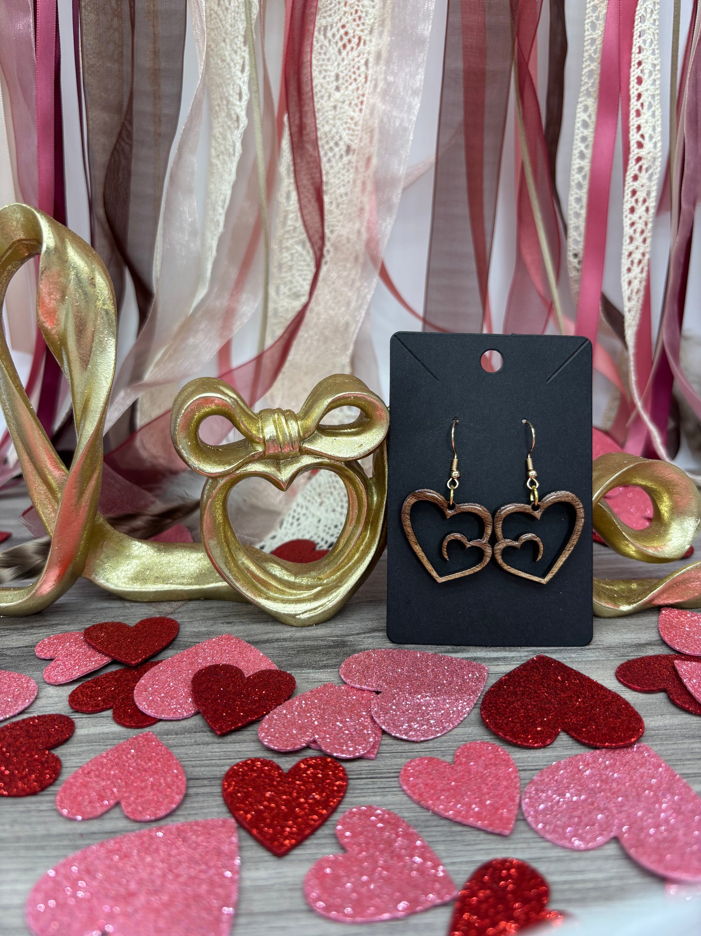 Double Heart Cutout Wooden Earrings – Laser Cut Black Walnut Wood