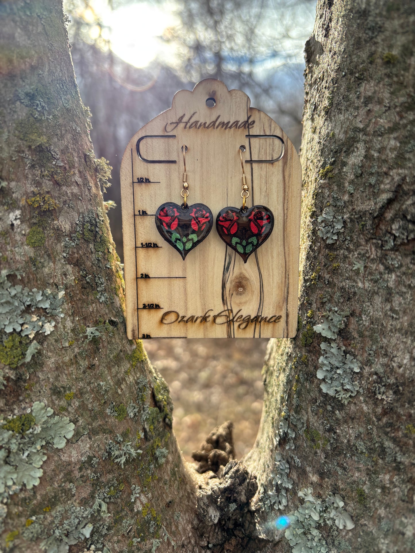 Rose Heart Earrings – Laser Engraved & Hand Painted Black Walnut Wood
