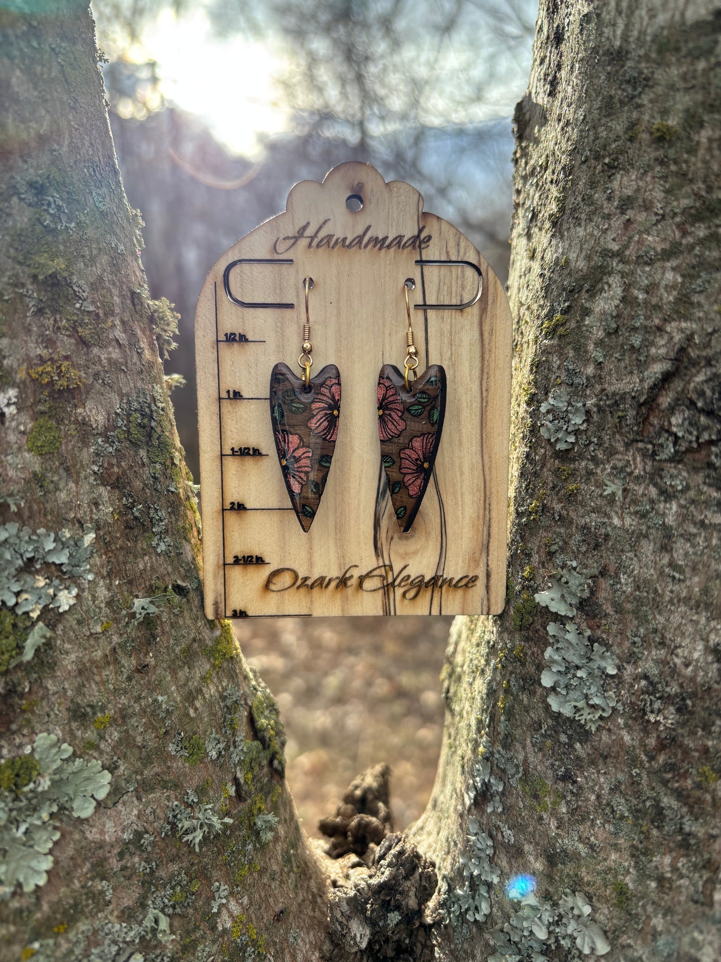 Floral Heart Drop Earrings – Laser Engraved & Hand Painted Black Walnut Wood