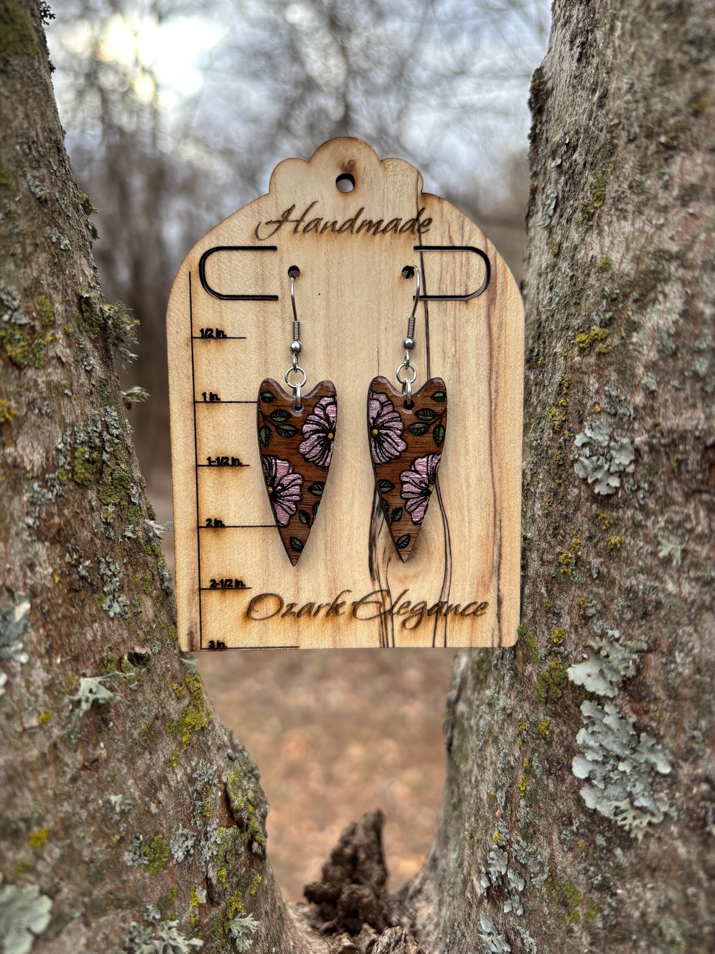 Floral Heart Drop Earrings – Laser Engraved & Hand Painted Black Walnut Wood