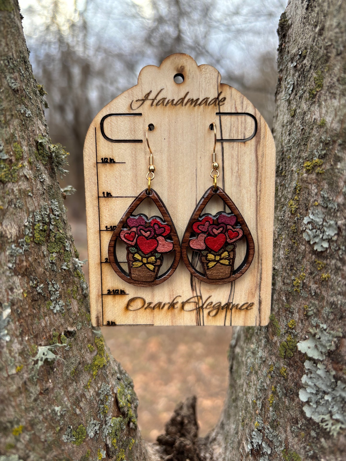 Romantic Heart Bouquet Wooden Teardrop Earrings – Laser Engraved & Hand Painted Black Walnut Wood