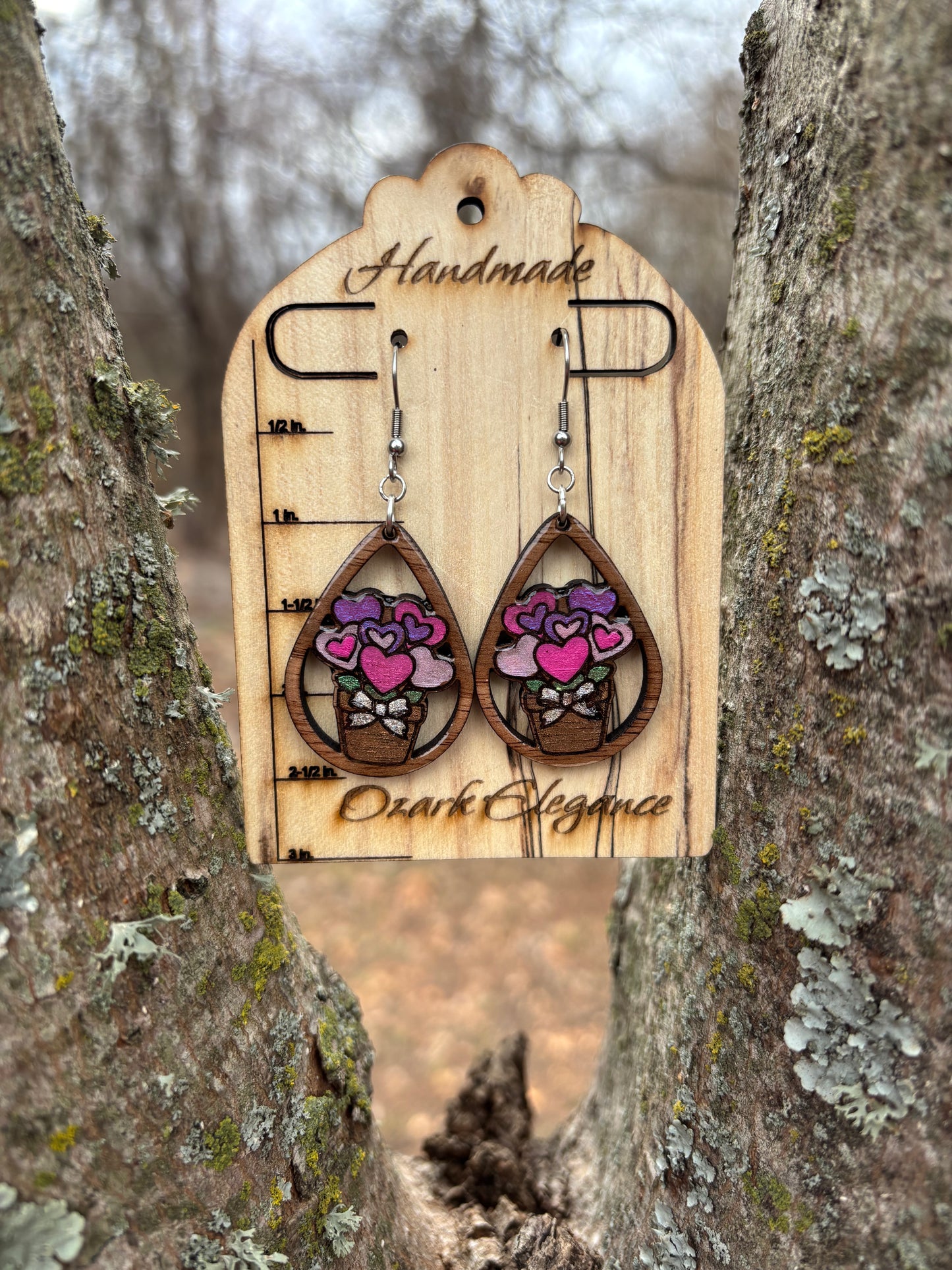 Romantic Heart Bouquet Wooden Teardrop Earrings – Laser Engraved & Hand Painted Black Walnut Wood