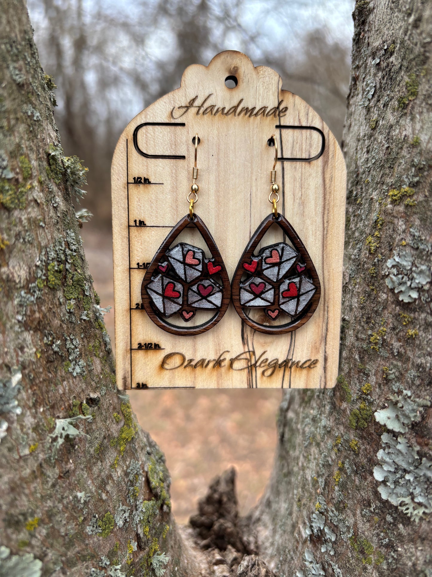 Love Letter Teardrop Earrings – Laser Engraved & Hand Painted Black Walnut Wood
