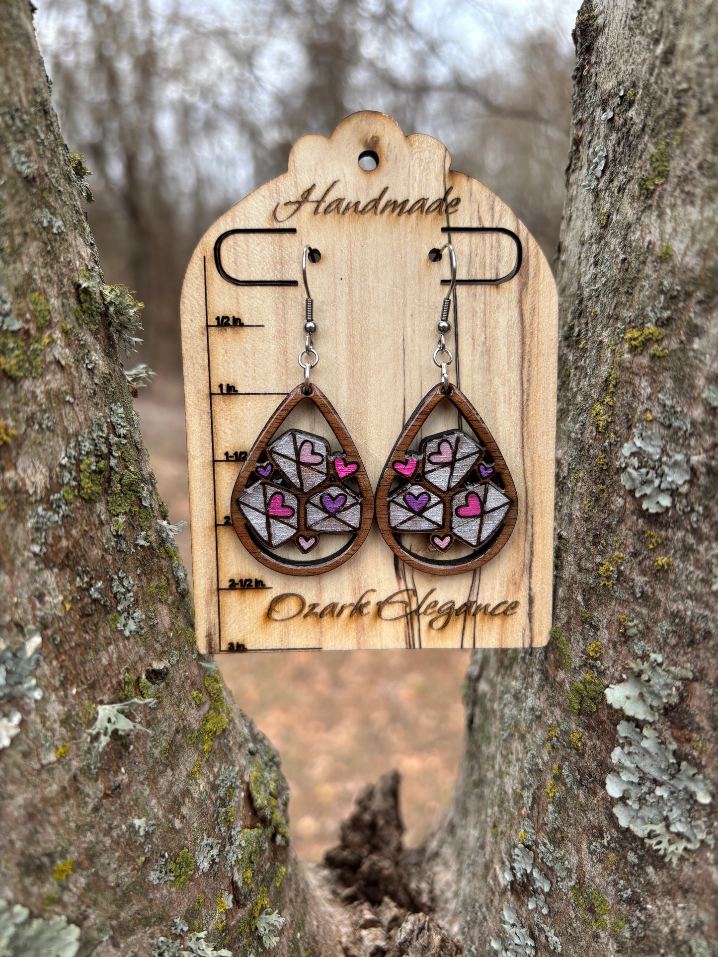 Love Letter Teardrop Earrings – Laser Engraved & Hand Painted Black Walnut Wood
