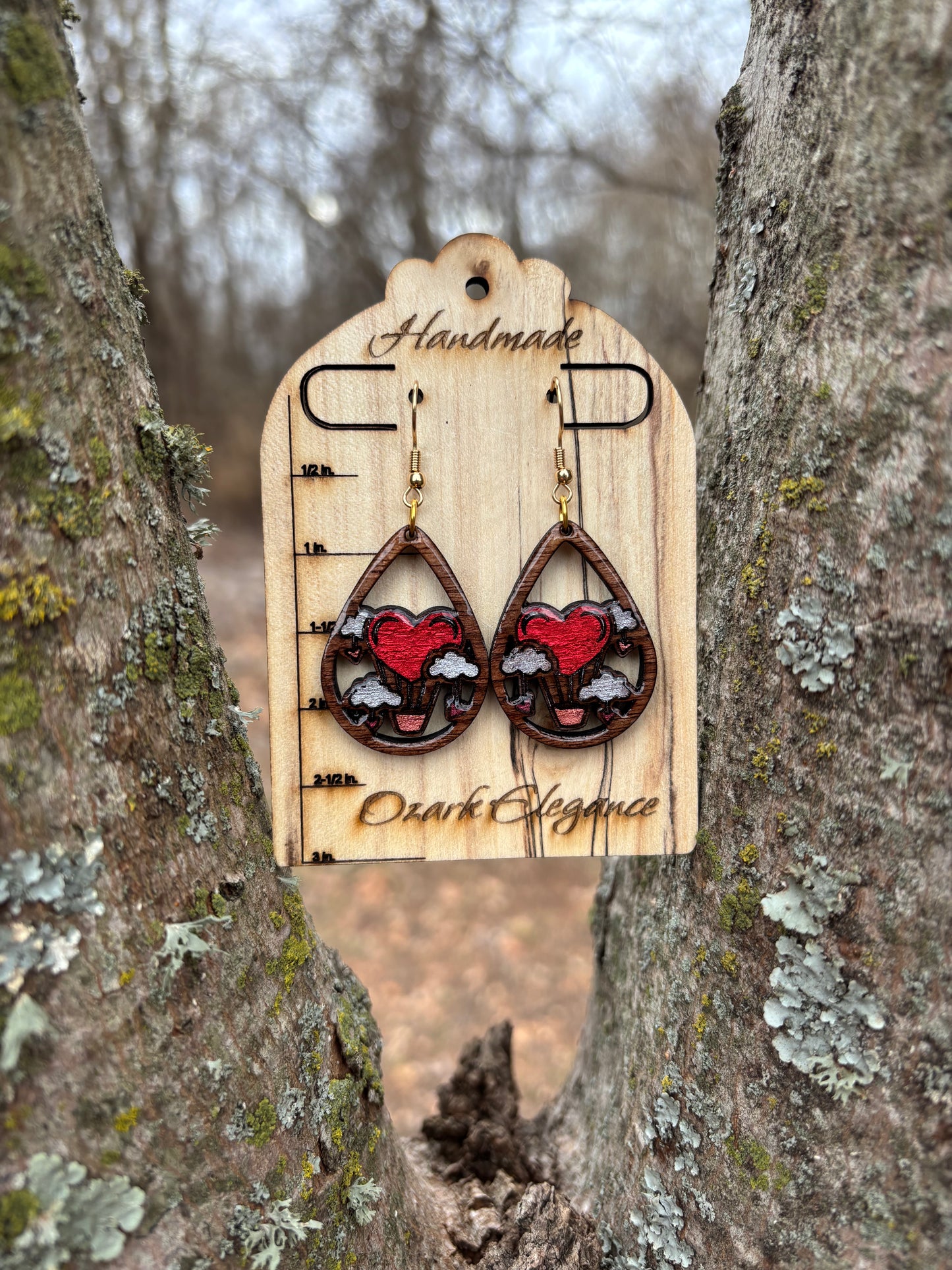 Hand Painted Black Walnut Wood Hot Air Balloon Heart Earrings