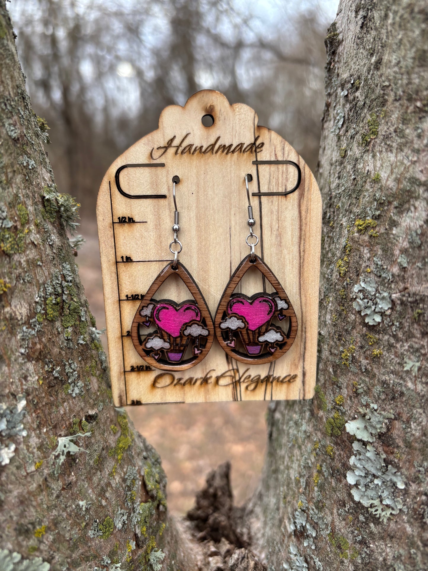 Hand Painted Black Walnut Wood Hot Air Balloon Heart Earrings