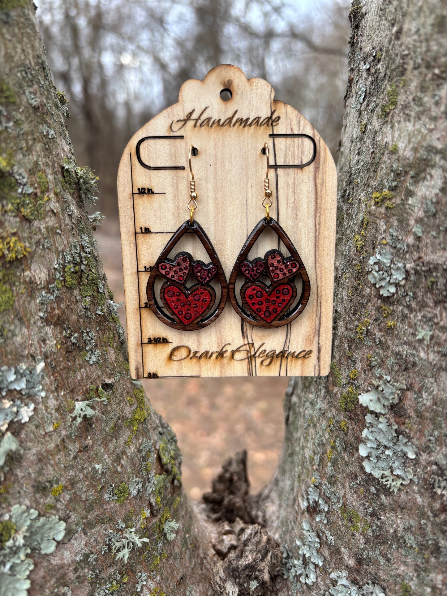Triple Heart Teardrop Earrings – Laser Engraved & Hand Painted Black Walnut Wood