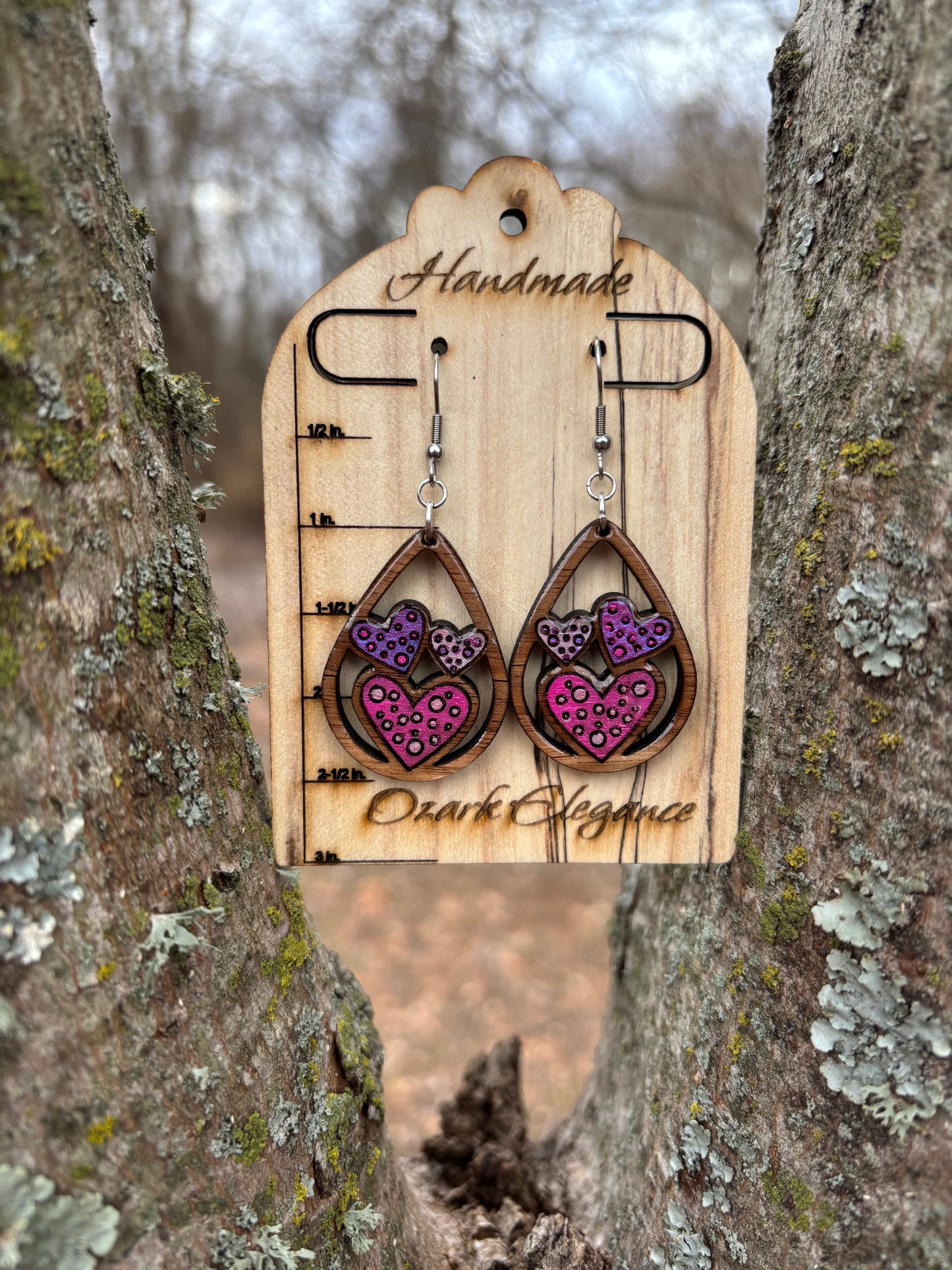 Triple Heart Teardrop Earrings – Laser Engraved & Hand Painted Black Walnut Wood