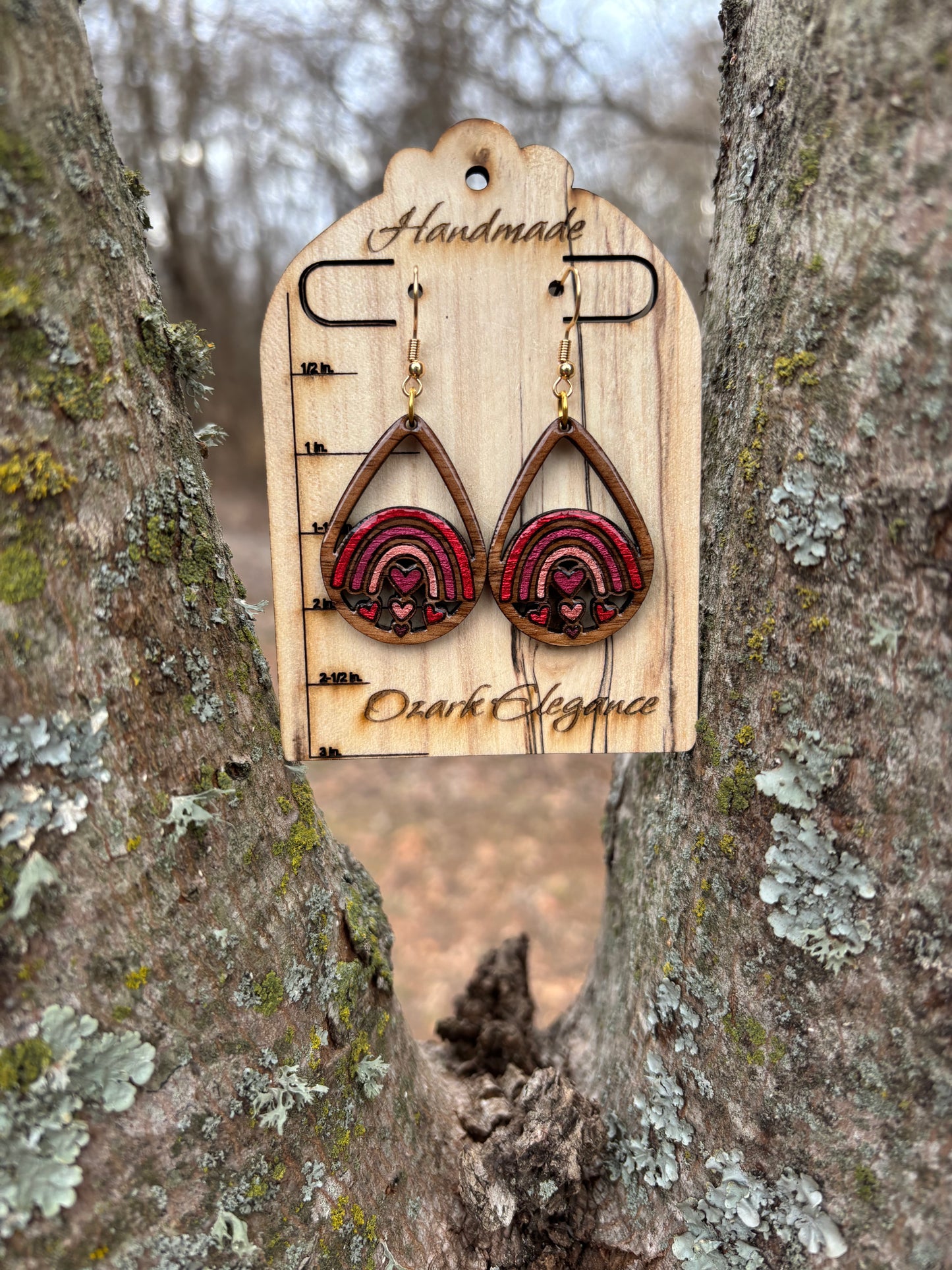 Heart Rainbow Teardrop Earrings – Laser Engraved & Hand Painted Black Walnut Wood