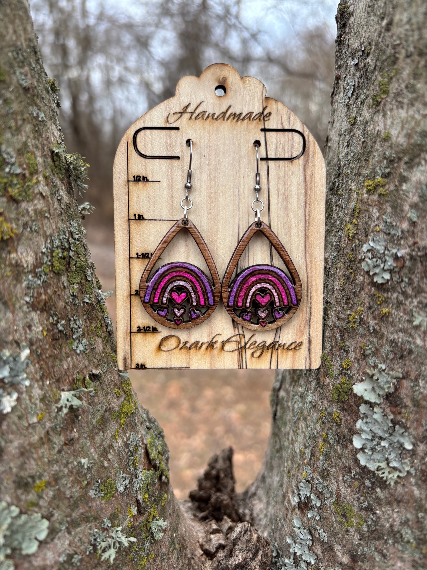 Heart Rainbow Teardrop Earrings – Laser Engraved & Hand Painted Black Walnut Wood