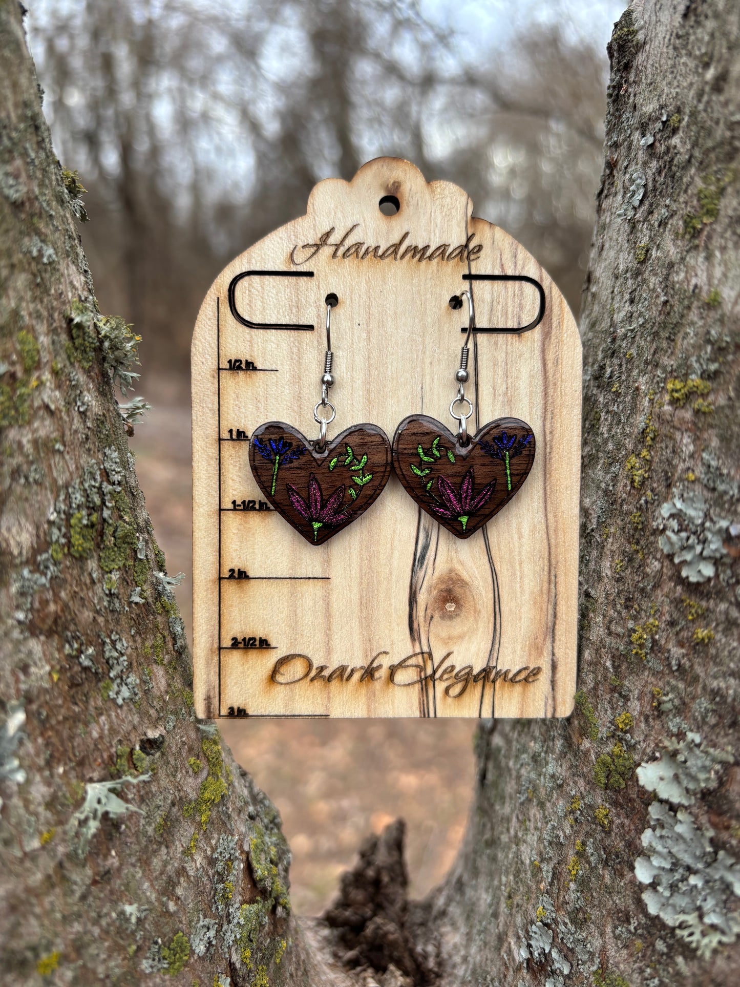 Botanical Heart Earrings – Laser Engraved & Hand Painted Black Walnut Wood
