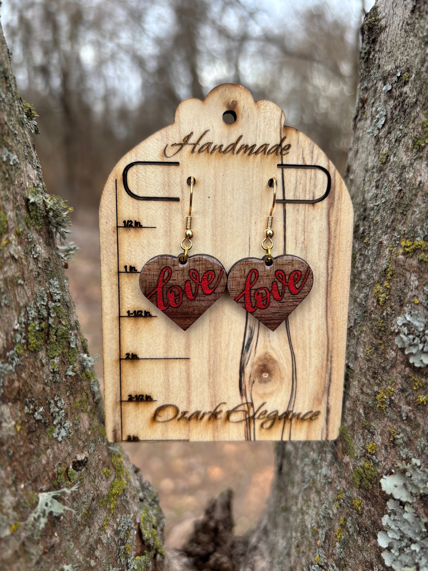 Hand Painted Black Walnut Wood “Love” Heart Earrings