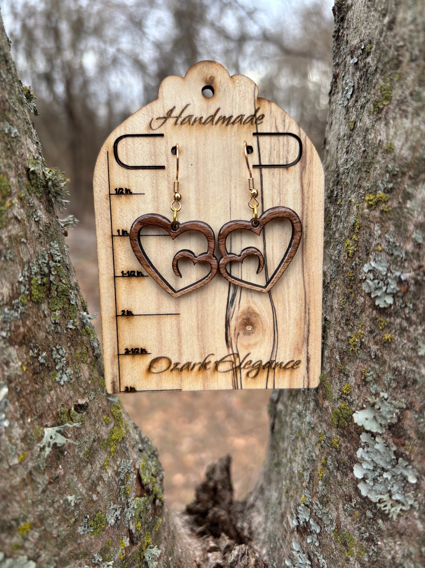 Double Heart Cutout Wooden Earrings – Laser Cut Black Walnut Wood