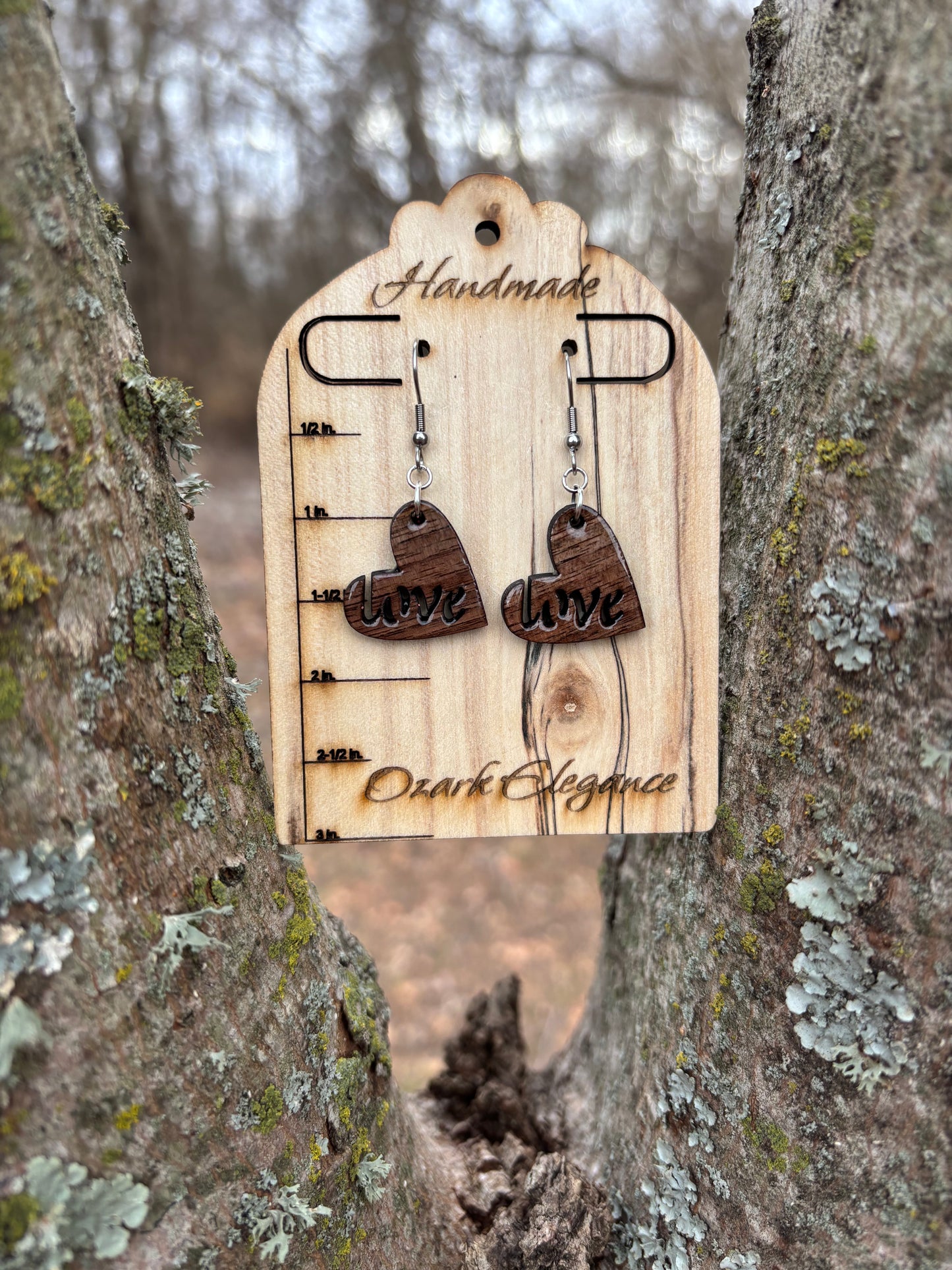 Laser Cut Black Walnut Wood “Love” Heart Earrings