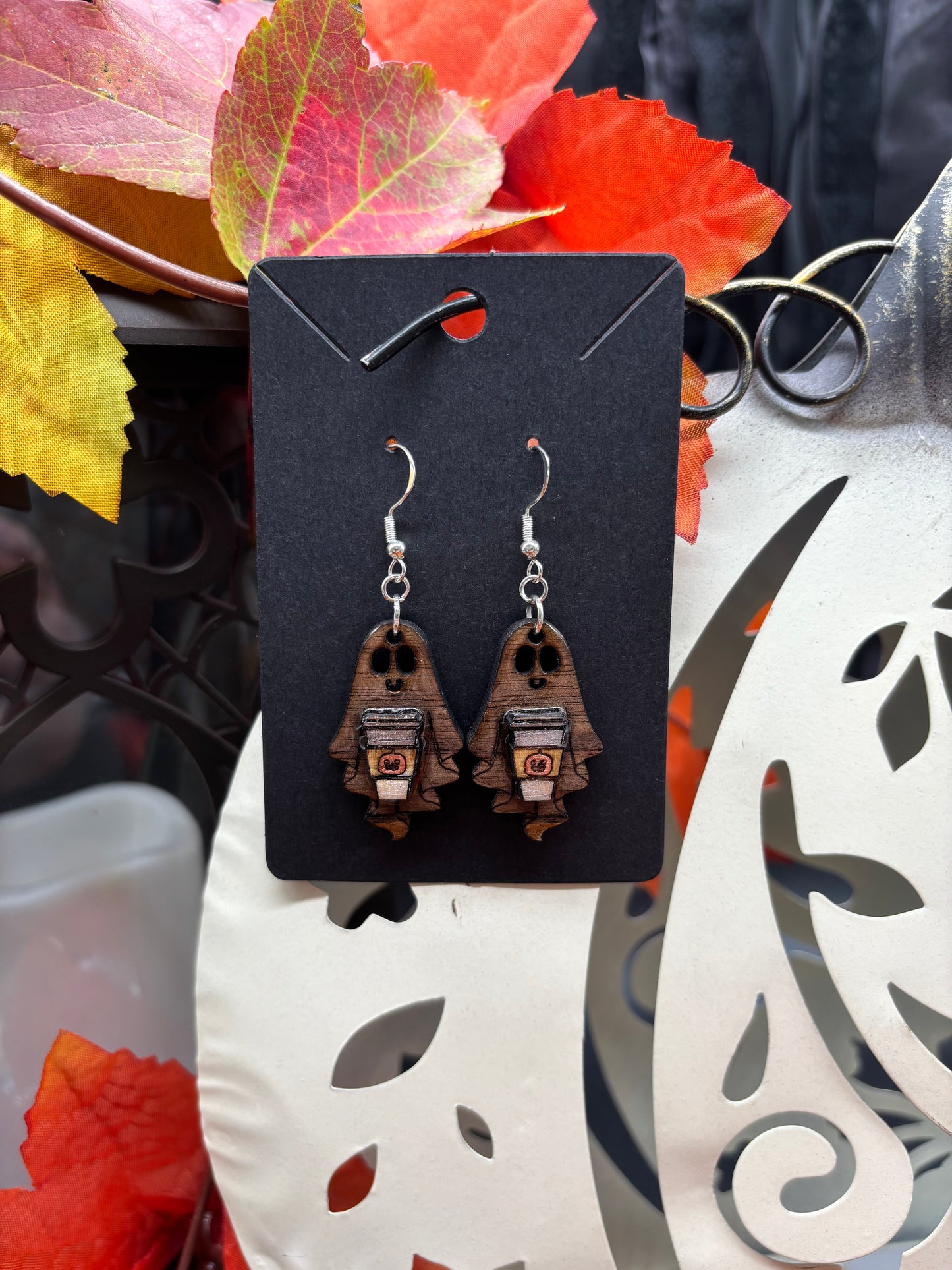 Haunted Harvest Ghost Earrings – Handcrafted Wooden Halloween Earrings
