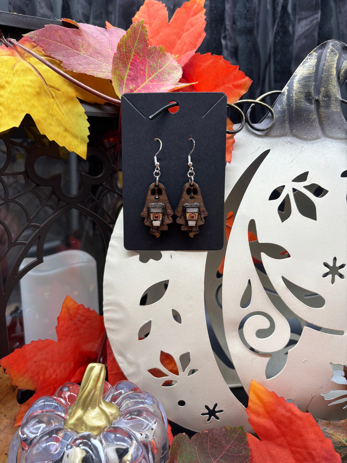 Haunted Harvest Ghost Earrings – Handcrafted Wooden Halloween Earrings