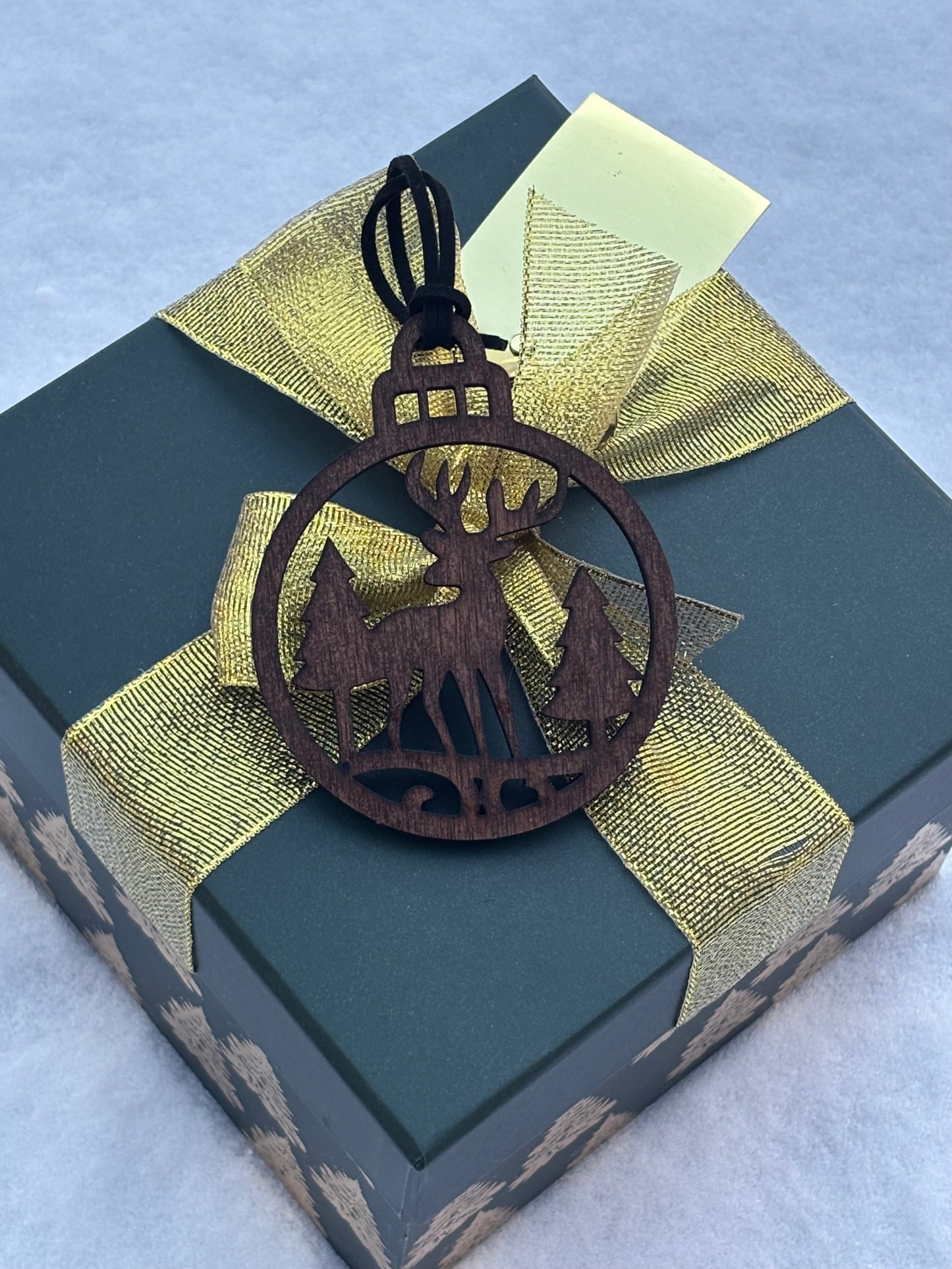 Solid Oak Deer in Forest Scene Ornament